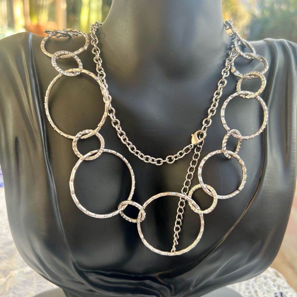 Long Silver Interlocking Circles Necklace 30”
